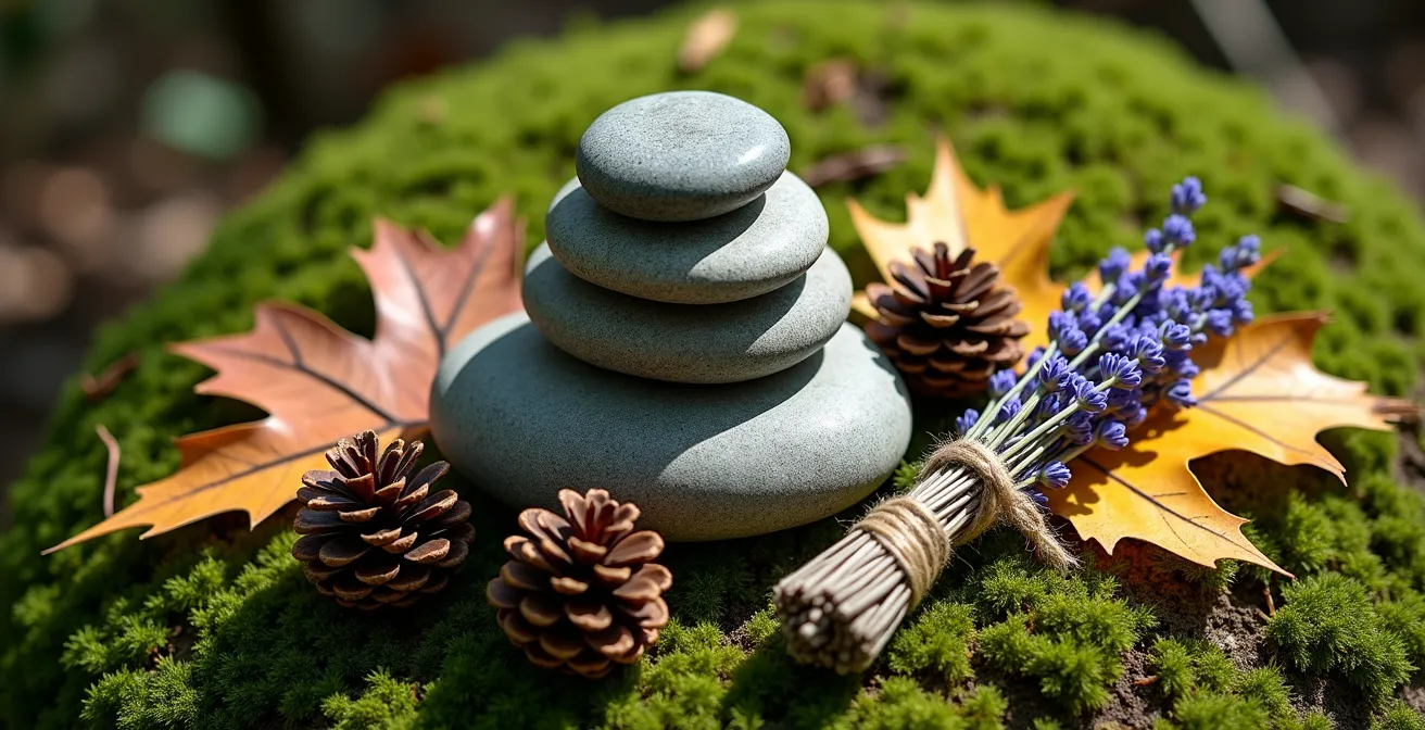 Natural objects arranged ceremonially on moss including stones, leaves, and pine cones