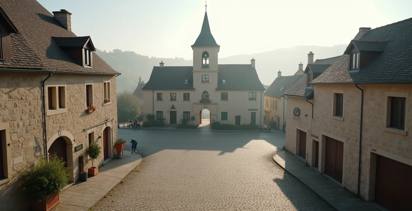 French village town hall with traditional architecture in soft morning light