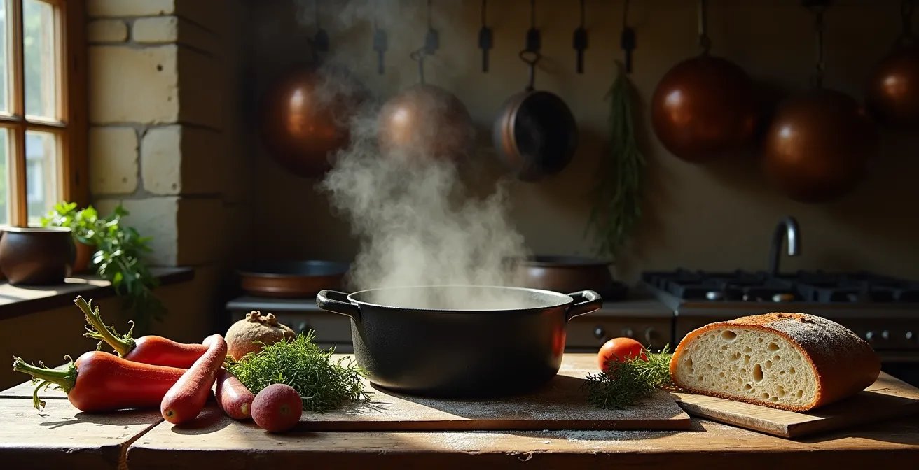 Traditional stone kitchen with cast iron pot simmering over wood fire