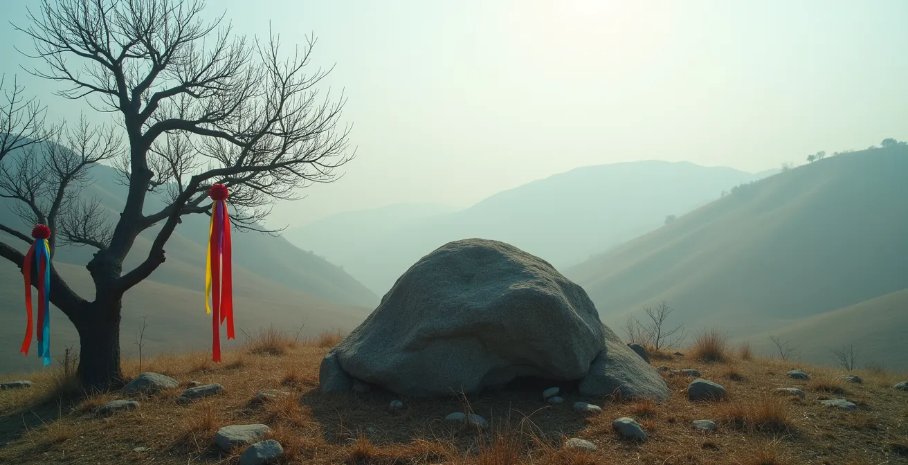 Sacred Indigenous site with natural offerings and rock formations