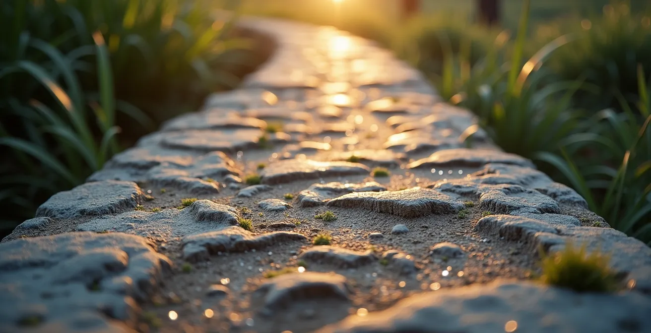 Stone entrance to sacred space with morning mist