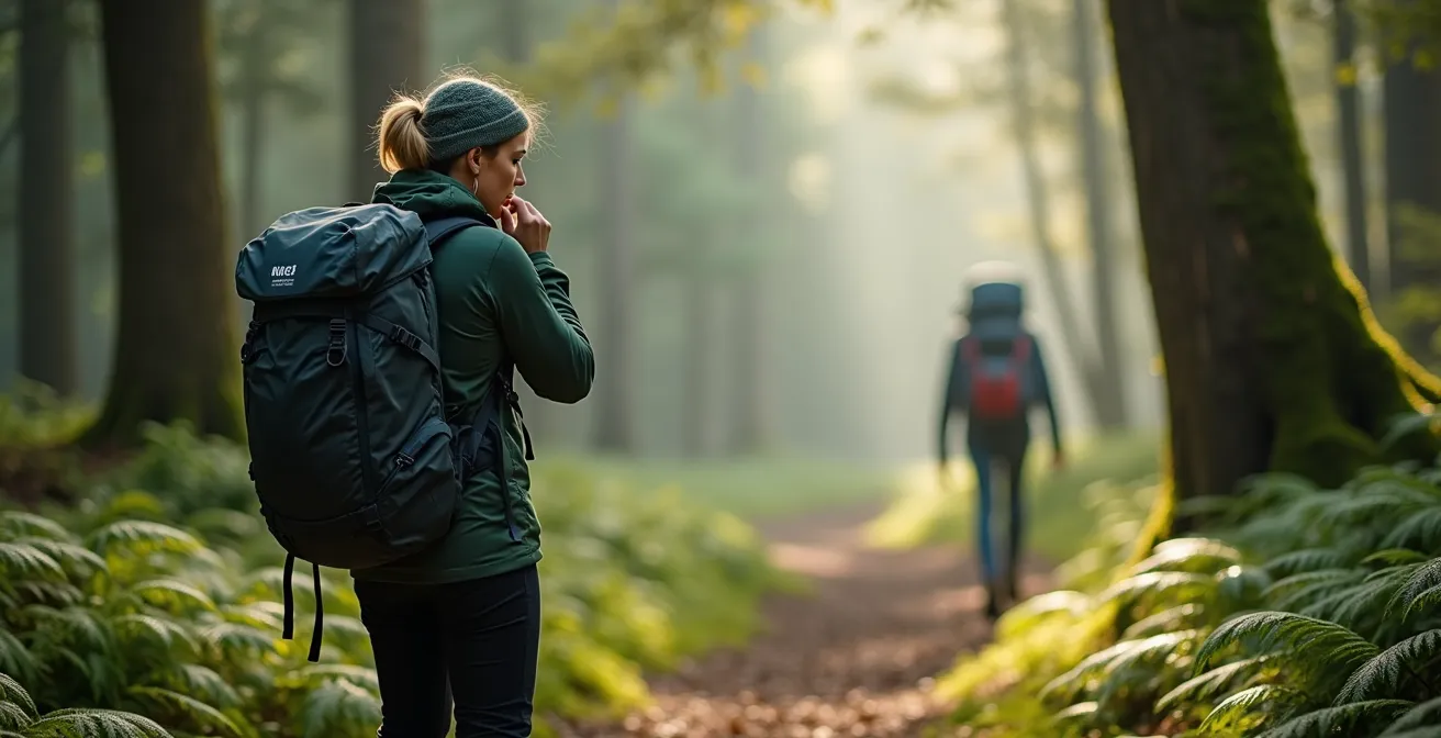Hiker wearing protective clothing and head net on a misty forest trail in Fiordland