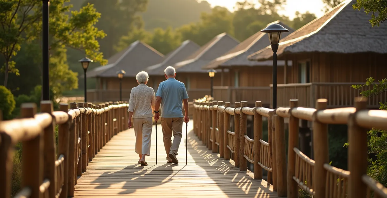 Wide, well-lit wooden boardwalk with handrails leading to an eco-lodge, surrounded by tropical vegetation