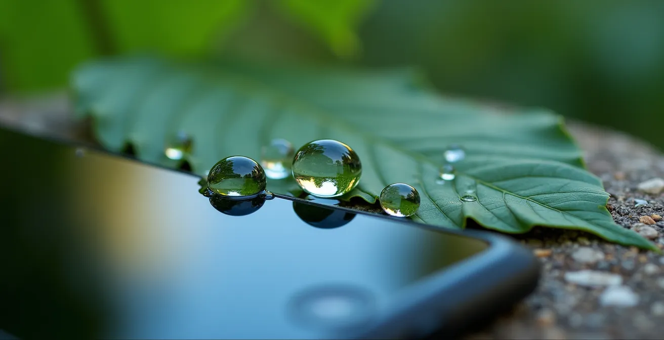 Macro shot of smartphone screen reflection in water showing abstract nature imagery