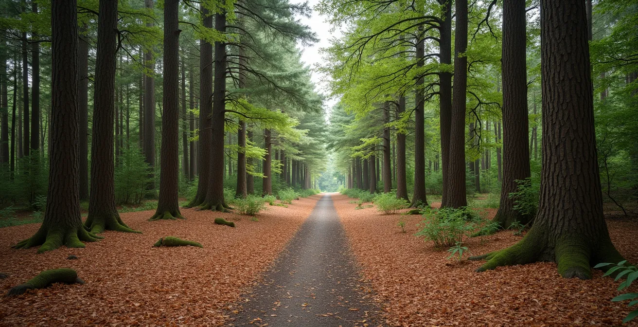 A wide landscape showing the transition between a dense pine forest on one side and a broadleaf oak forest on the other.