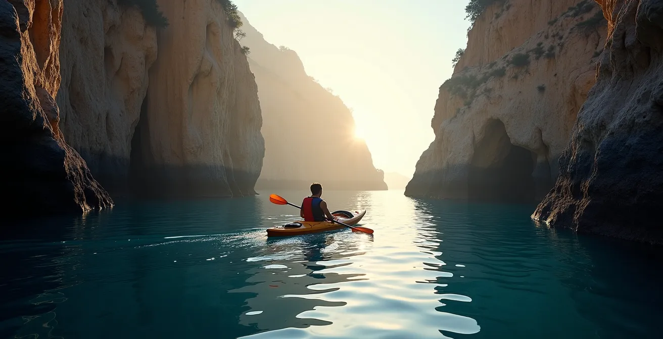 A solitary kayaker paddles through the calm waters of the Calanques at sunrise, framed by towering limestone cliffs.