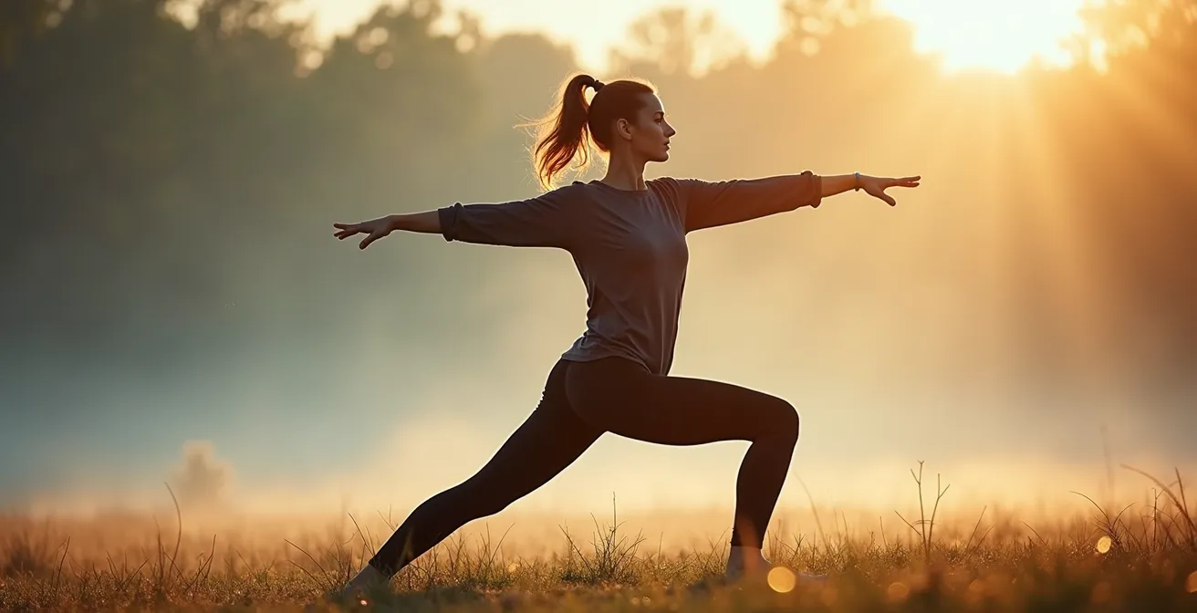Person performing yoga poses outdoors with visible breath in cool morning air