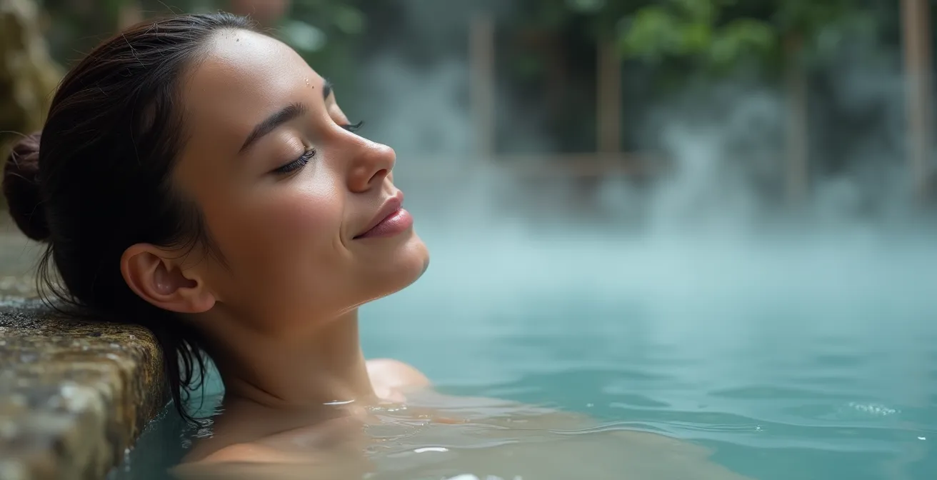 Person alternating between hot and cold pools in natural setting