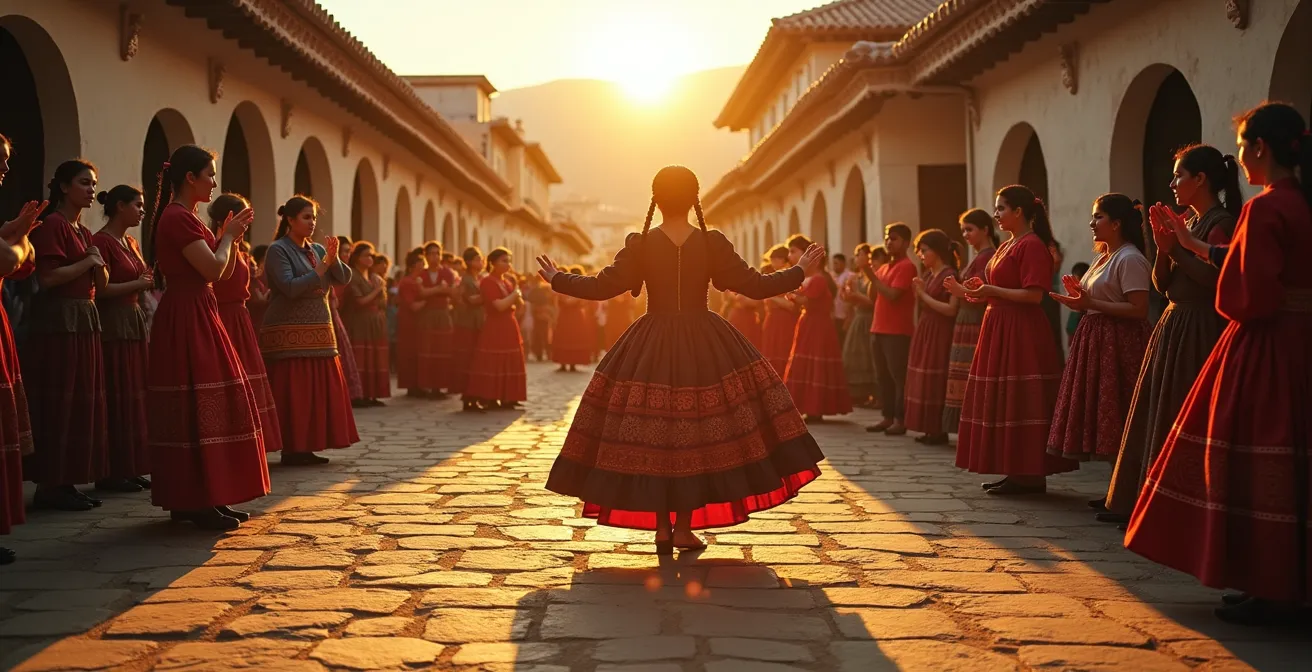 Wide shot of a cultural festival showing tourists observing from respectful distance while locals dance in the center