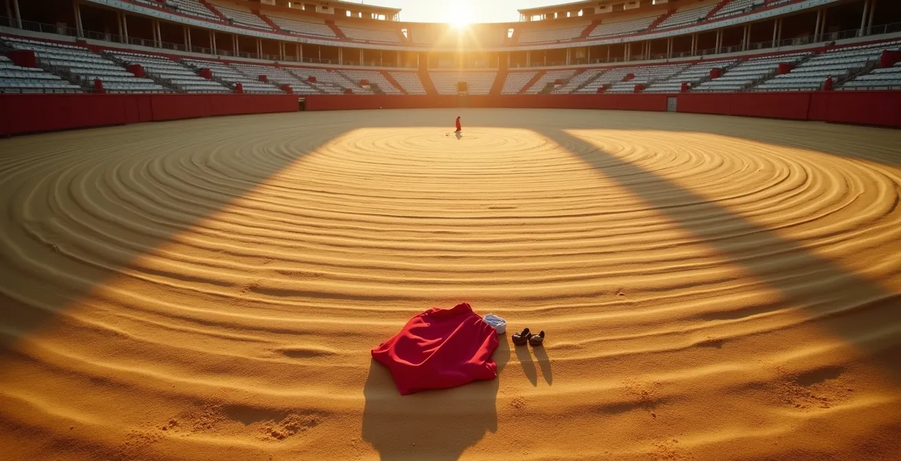 Empty bullfighting arena at sunset with symbolic peaceful transformation