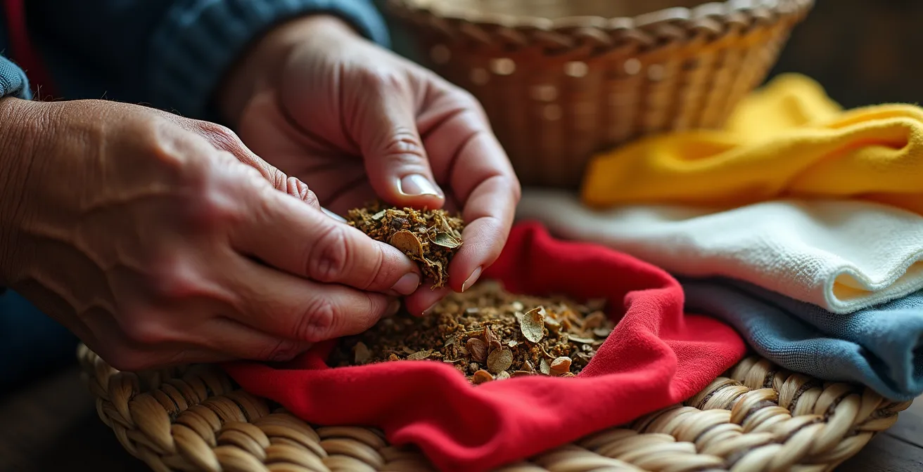 Hands preparing traditional tobacco offering in colored cloth