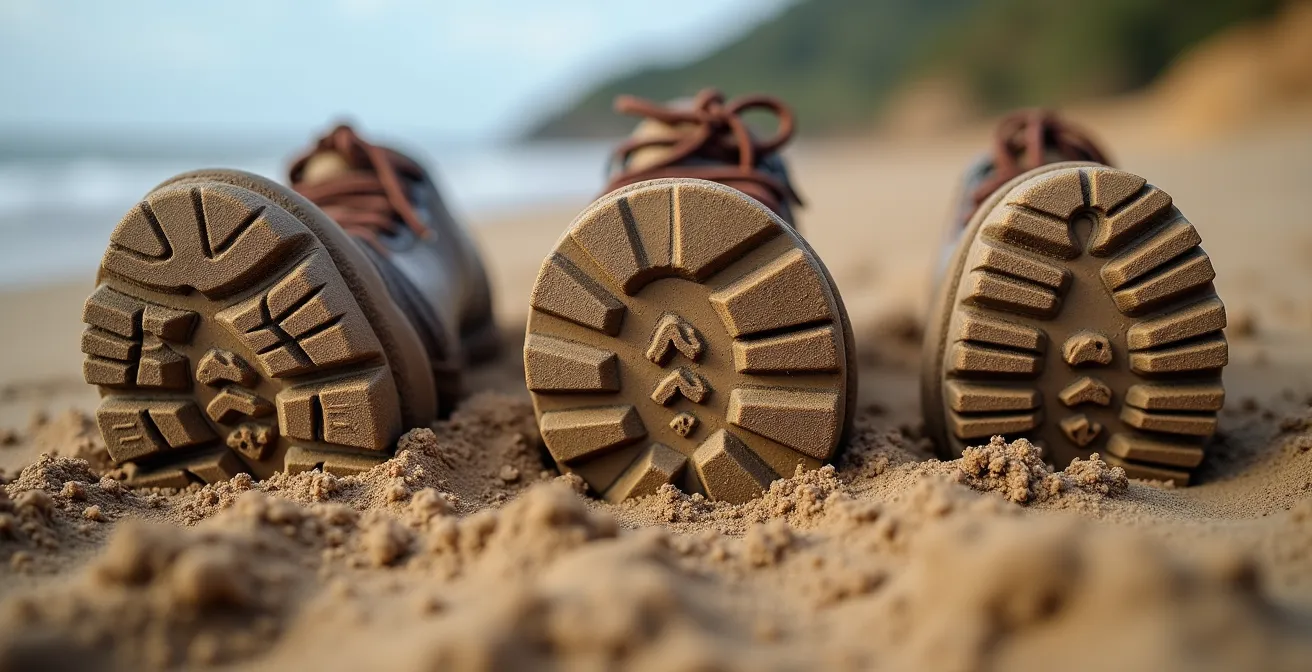 Close-up comparison of different hiking boot sole patterns on coastal terrain