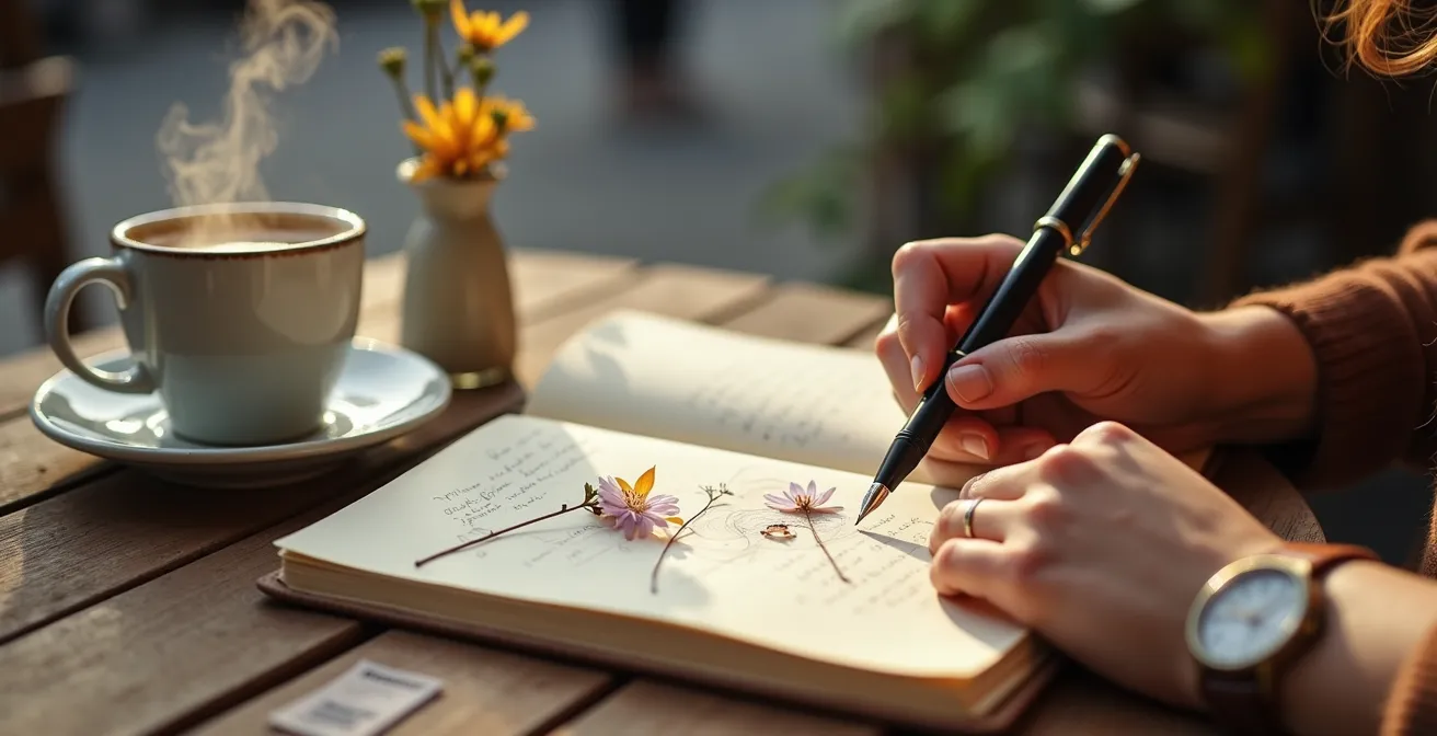 Open journal with pressed flower beside steaming coffee cup on a cafe table