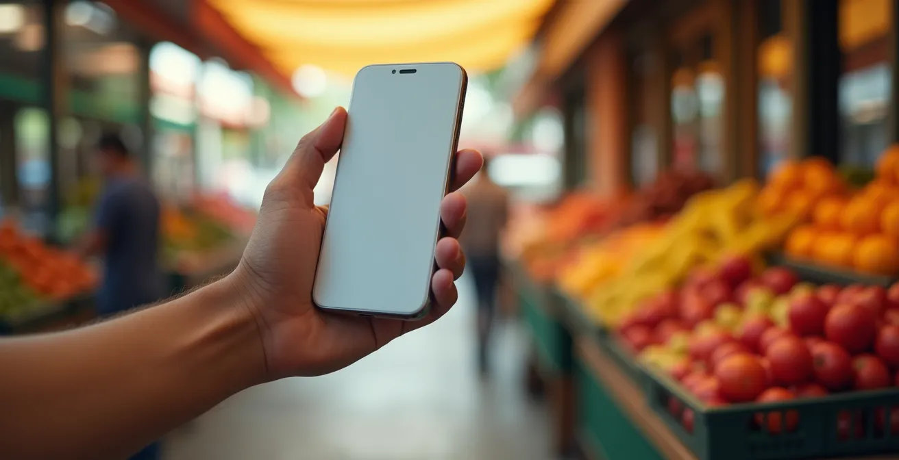 Hand holding smartphone from behind showing blurred map interface while standing at farmers market entrance