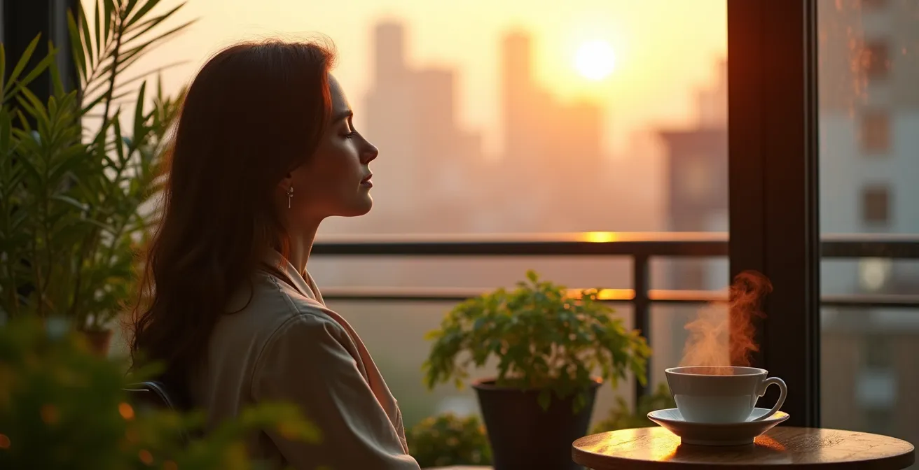 Person practicing morning meditation on urban balcony surrounded by potted plants at sunrise