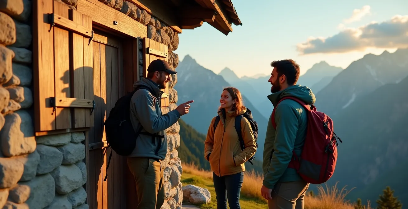 Hikers studying a trail map outside a traditional Alpine refuge with mountain backdrop