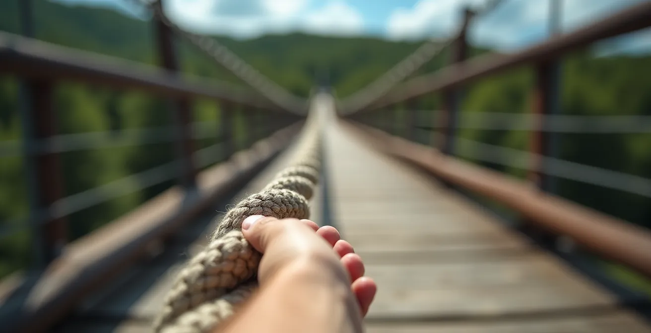 First-person view across a suspension bridge, focusing on the far endpoint with blurred sides