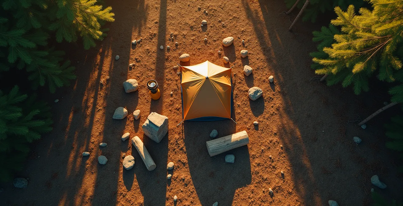 Aerial view of minimalist wilderness camp showing three distinct functional zones at sunset