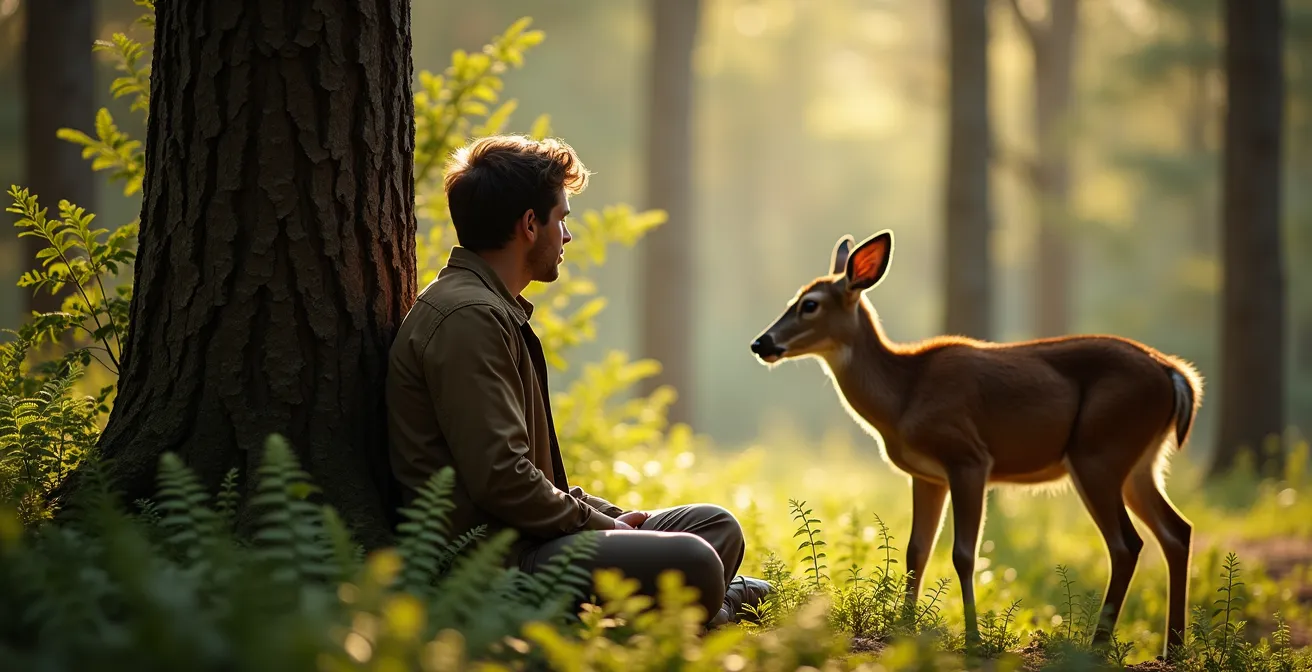 Person sitting motionless on a forest floor, partially hidden by ferns, observing a wild deer that is cautiously approaching in the dappled light.