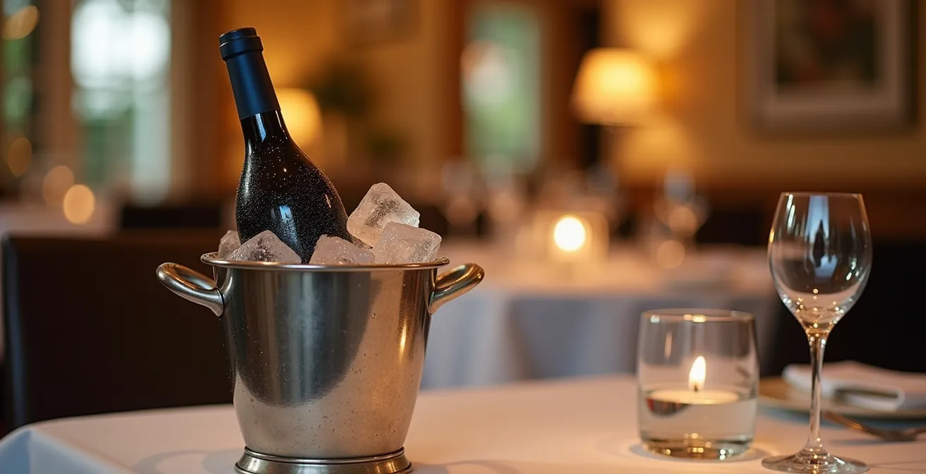 Red wine bottle in silver ice bucket with condensation on glass surface