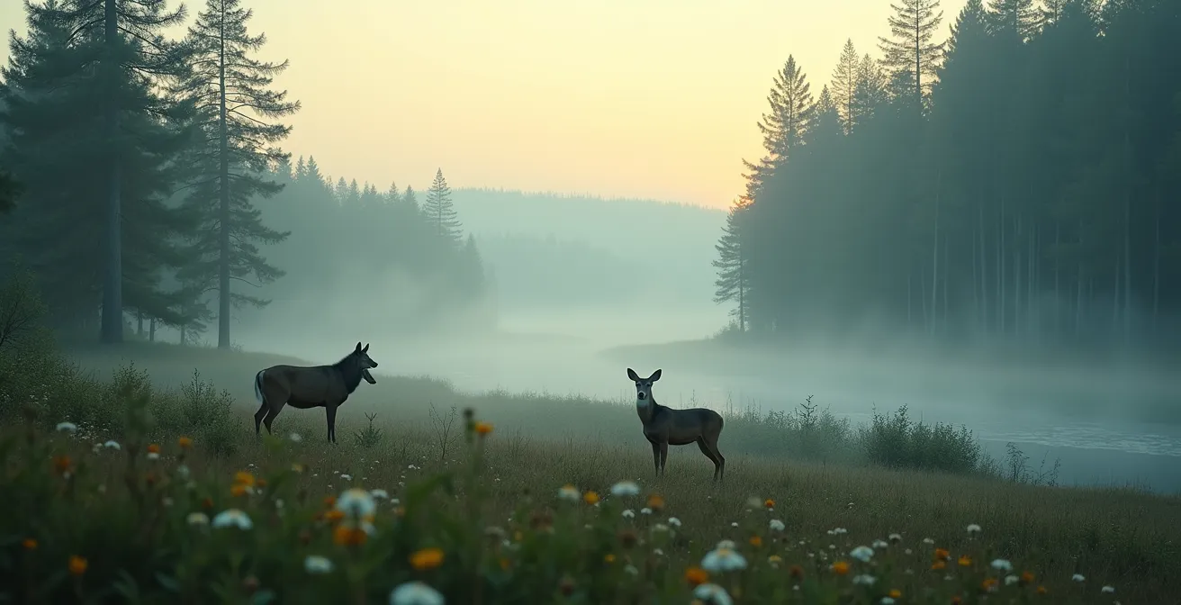 Forest ecosystem showing cascade effect from wolves to insects