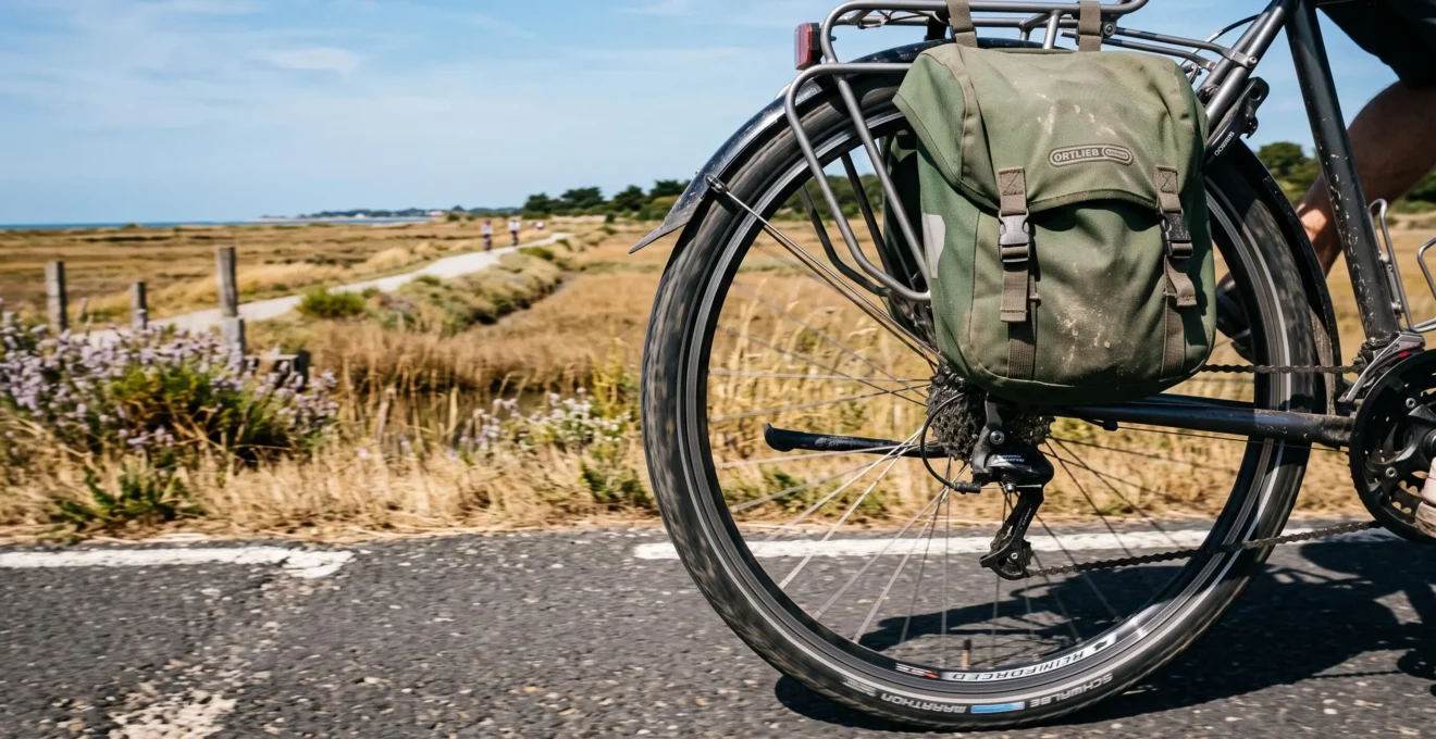 A bicycle wheel rolls along a cycle path beside salt marshes on Île de Ré.