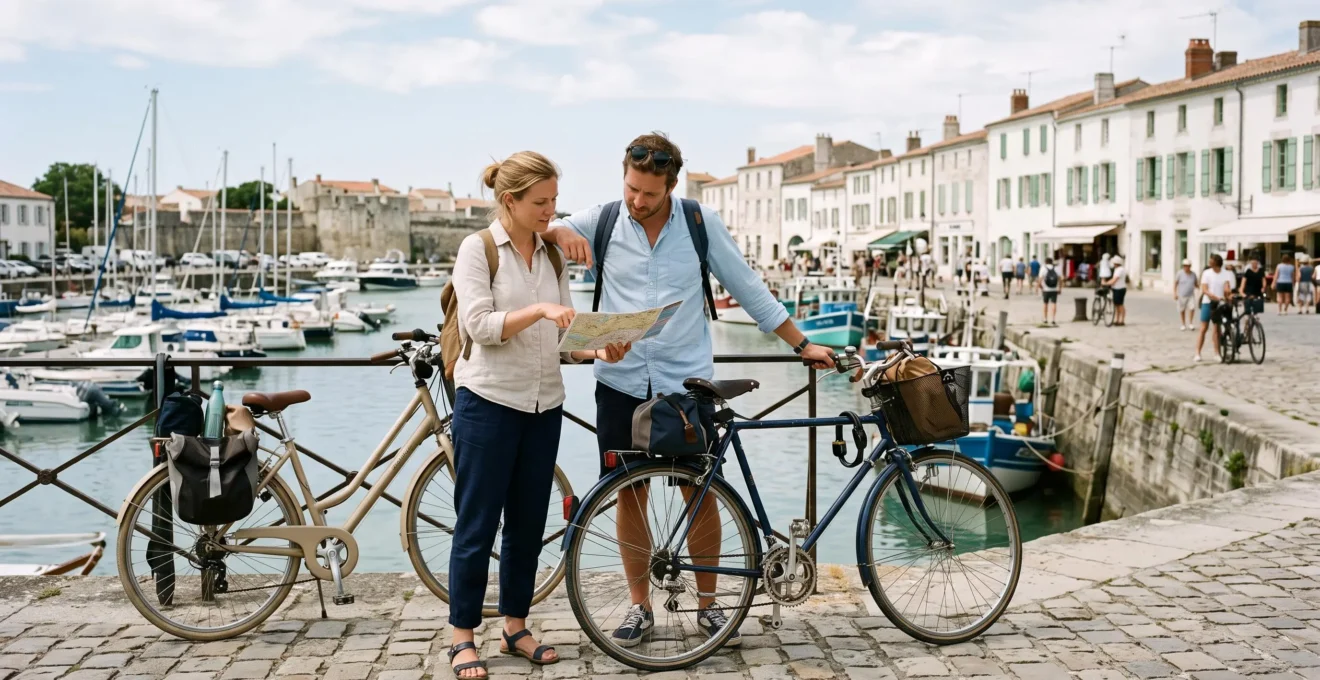 A couple with bicycles consult a map on a Île de Ré harbour promenade.