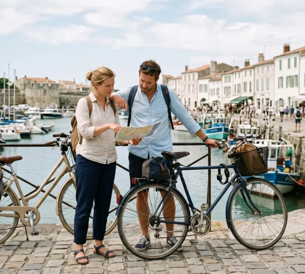 A couple with bicycles consult a map on a Île de Ré harbour promenade.