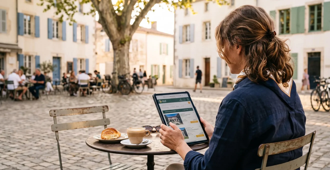 A person compares accommodation options on a tablet at an outdoor café table.
