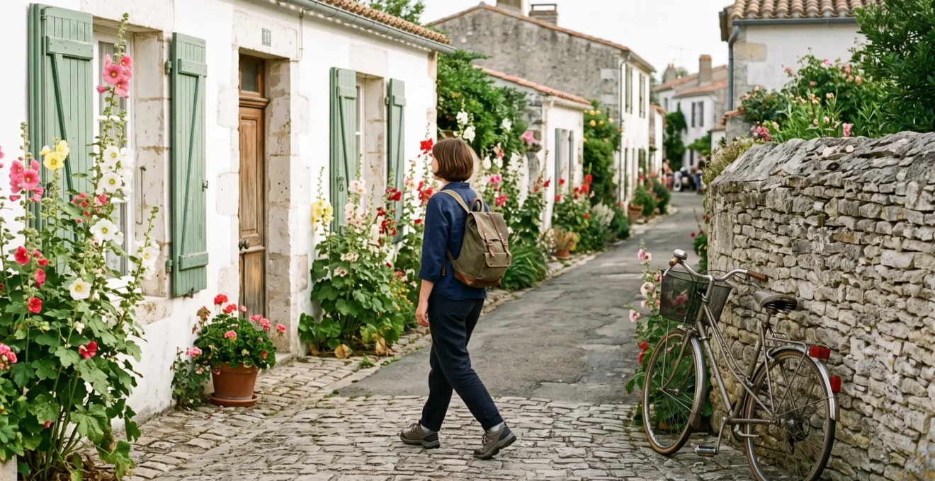 A traveller walks along a quiet whitewashed village street on Île de Ré.